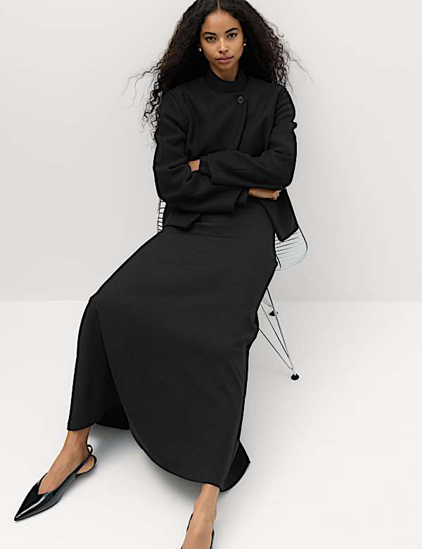 Collarless Short Button Through Jacket with Wool - SI