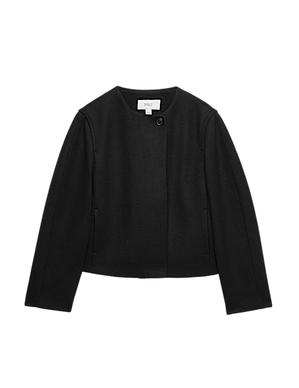 Collarless Short Button Through Jacket with Wool
