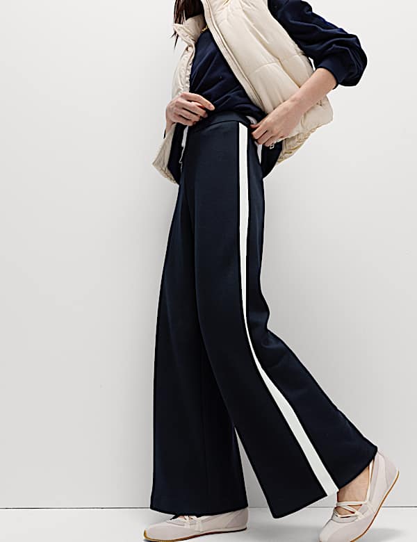 Pique Side Stripe Wide Leg Trousers