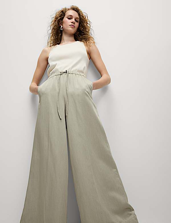 Linen Blend Twill Palazzo Trousers