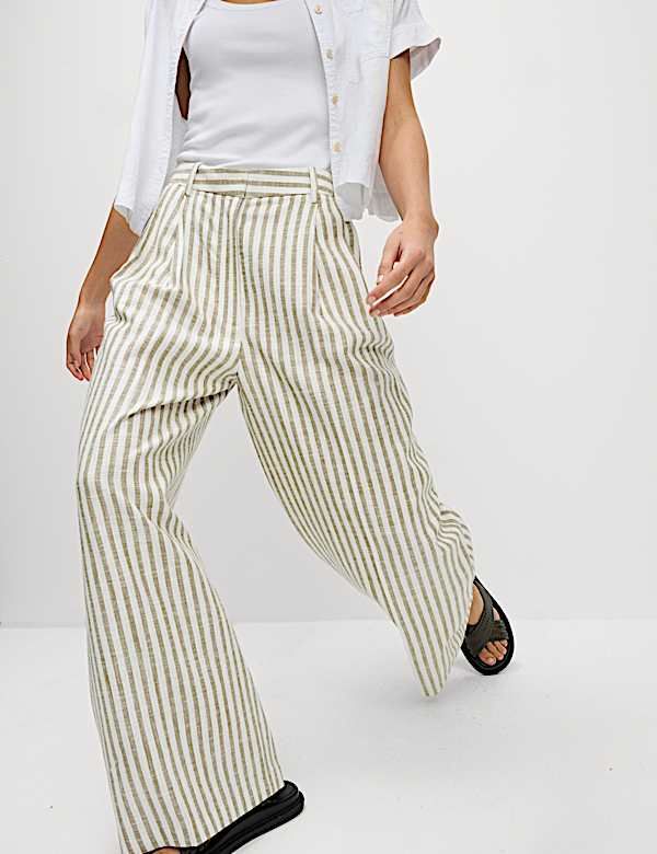 Pantalon coupe large à pinces en lin mélangé à rayures - CA