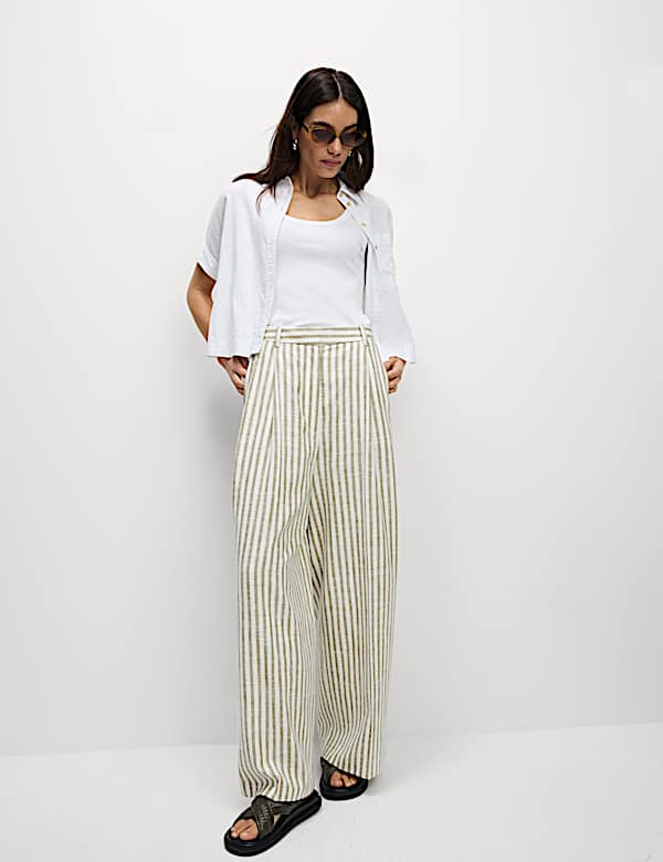 Linen Blend Striped Pleated Wide Leg Trousers - JO