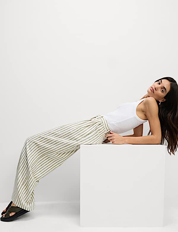Linen Blend Striped Pleated Wide Leg Trousers - JO