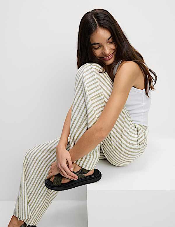Linen Blend Striped Pleated Wide Leg Trousers - JO