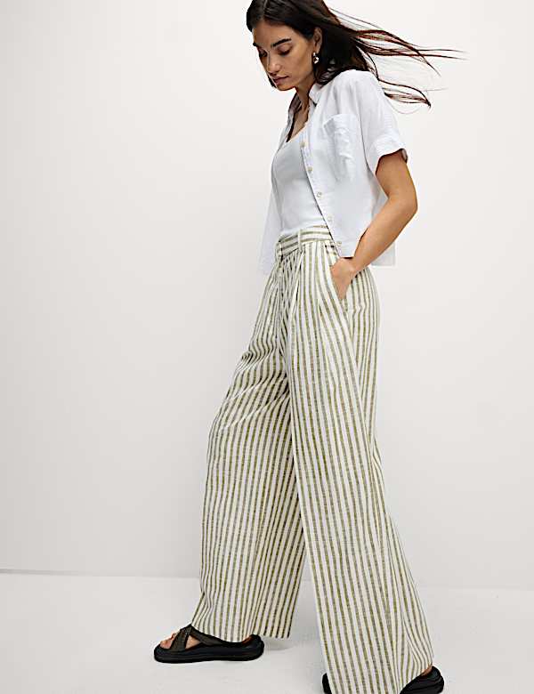 Linen Blend Striped Pleated Wide Leg Trousers - JO
