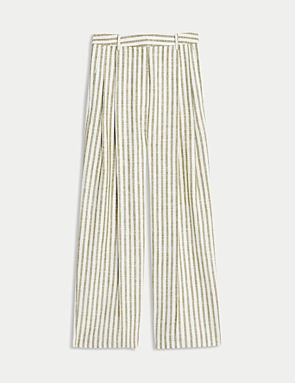 Linen Blend Striped Pleated Wide Leg Trousers - JO