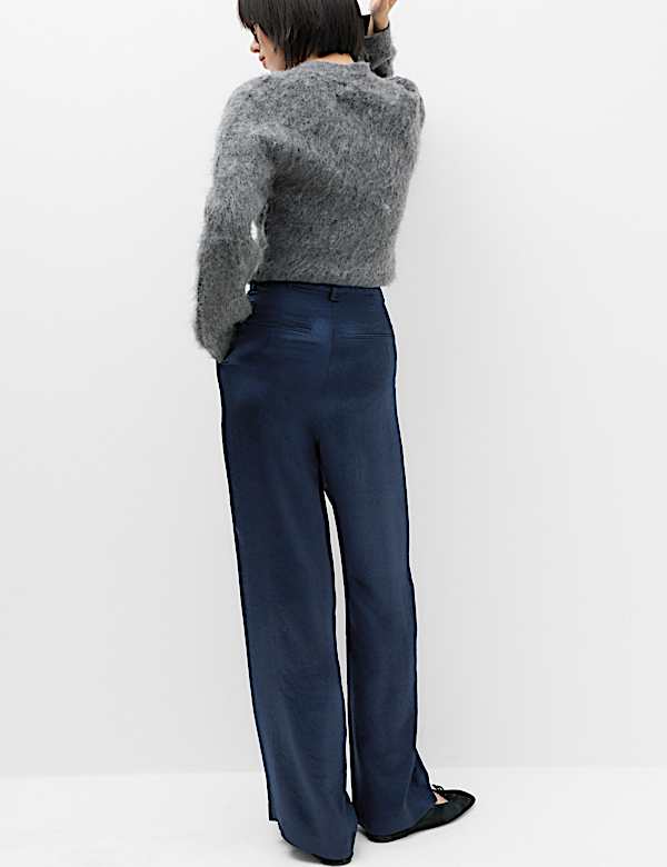 Satin Pleated Straight Leg Trousers - CH