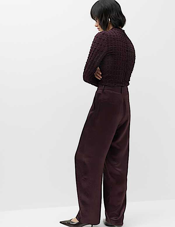 Satin Pleated Straight Leg Trousers