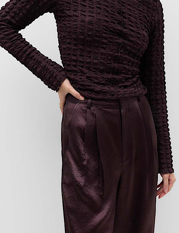 Satin Pleated Straight Leg Trousers