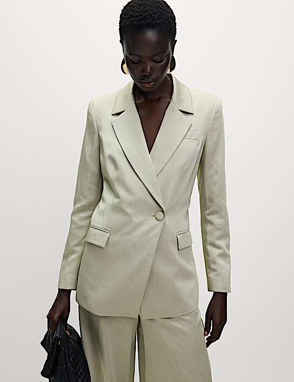 Linen Blend Single Breasted Cinched Waist Longline Blazer