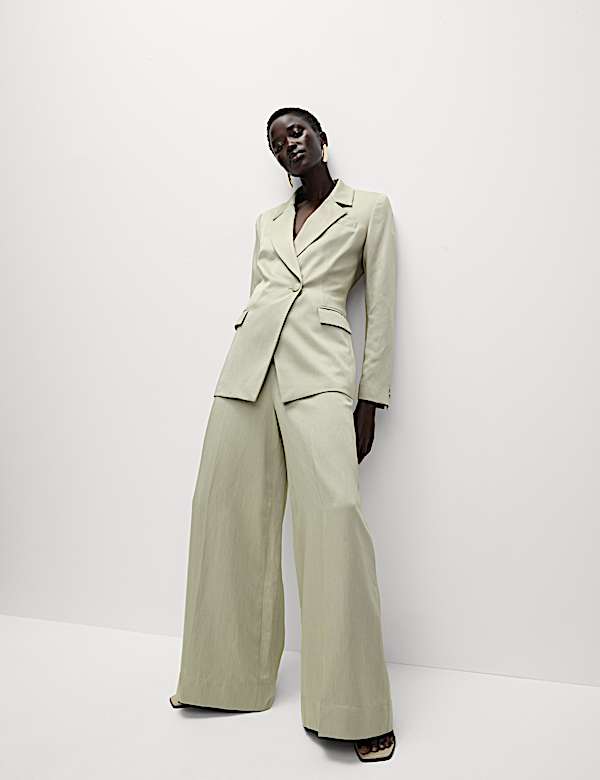 Linen Blend Single Breasted Cinched Waist Longline Blazer