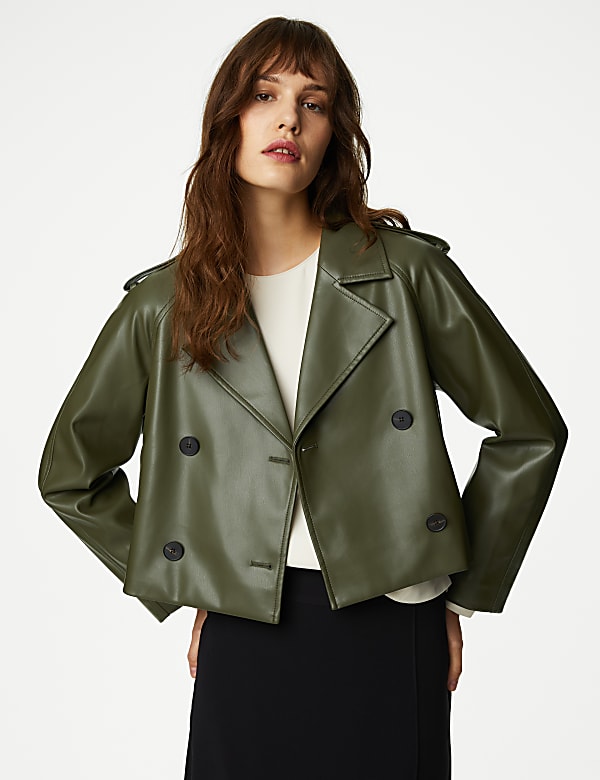 Faux Leather Short Trench Coat HUNTER GREEN Coats M S ES