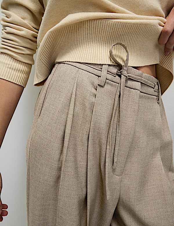 Pleat Front Drawstring Wide Leg Trousers