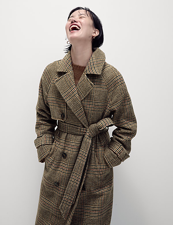 Checked Longline Trench Coat with Wool