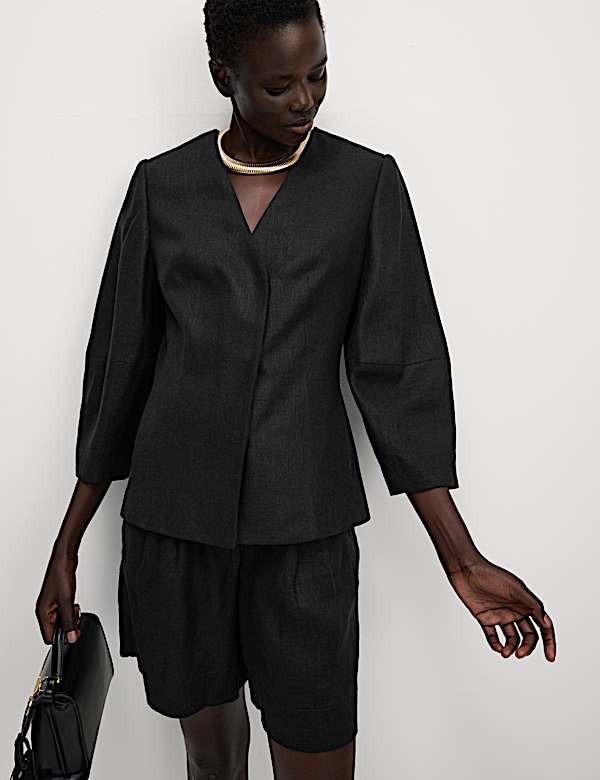 Linen Rich Tailored Collarless Blazer - BE