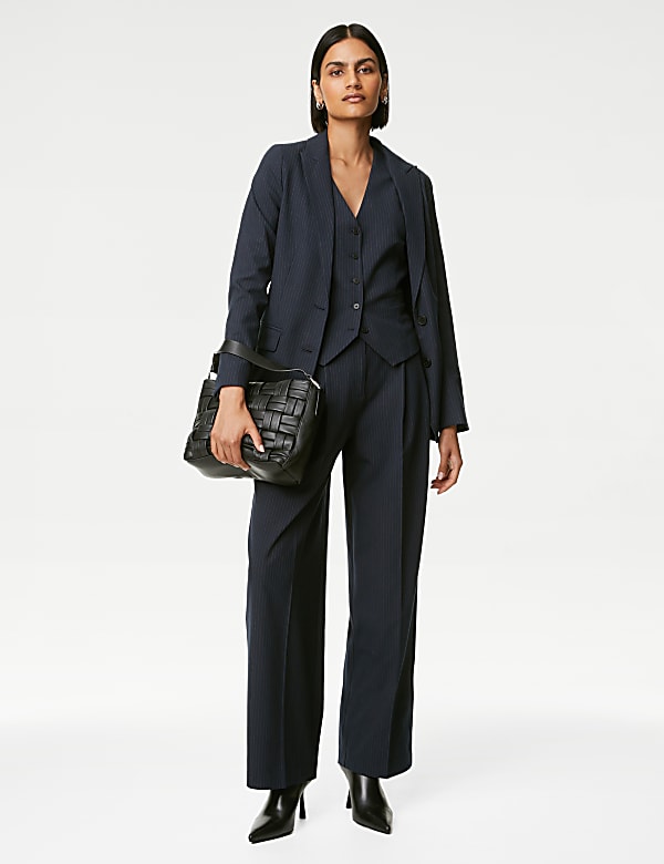 Pinstripe Pleat Front Wide Leg Trousers