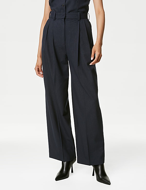 Pinstripe Pleat Front Wide Leg Trousers