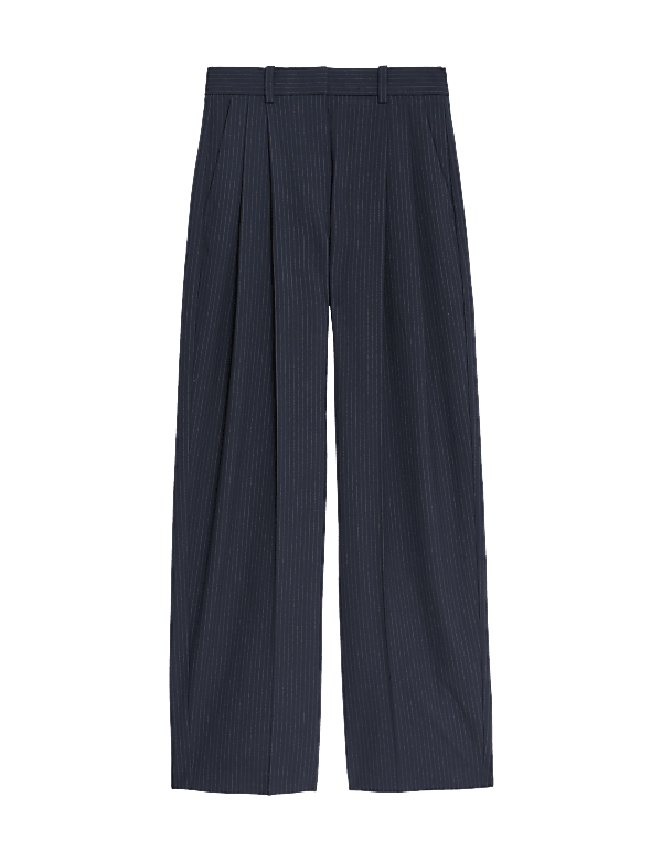 Pinstripe Pleat Front Wide Leg Trousers