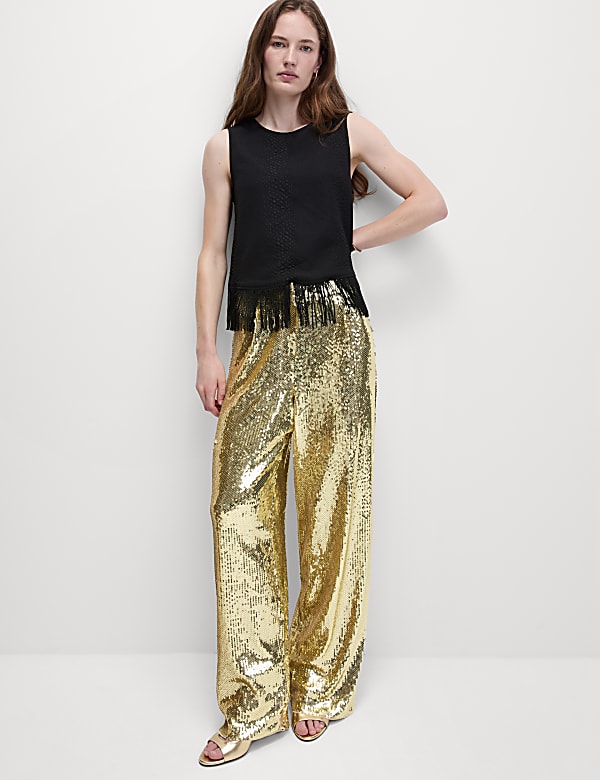 Sequin Pleat Front Wide Leg Trousers