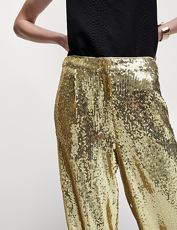 Sequin Pleat Front Wide Leg Trousers