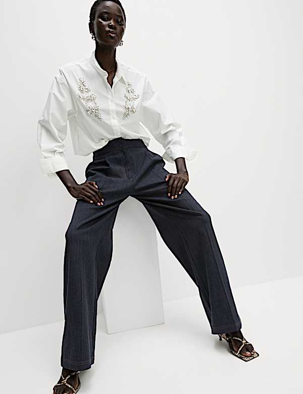 Cotton Blend Denim Look Wide Leg Trouser - BN