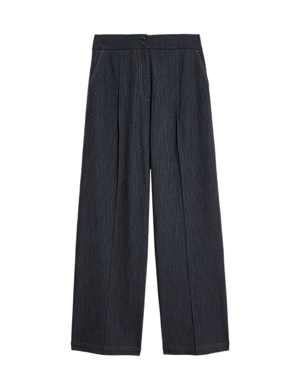 Cotton Blend Denim Look Wide Leg Trouser