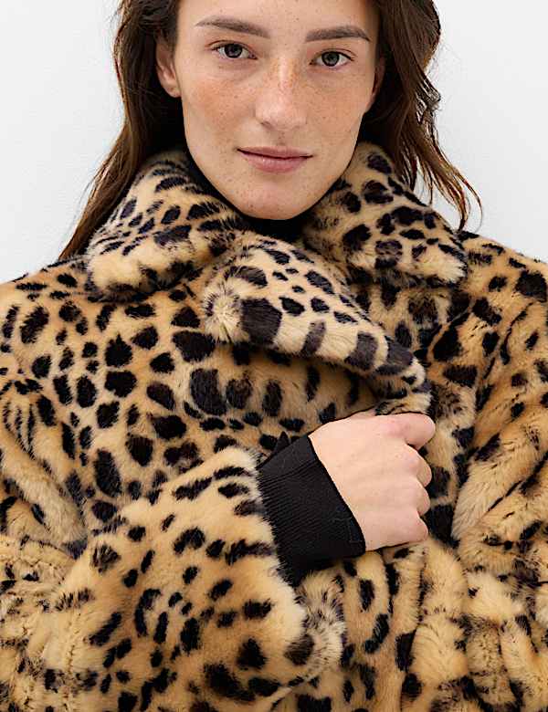 Faux Fur Leopard Print Single Breasted Longline Coat - CA