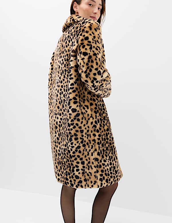 Faux Fur Leopard Print Single Breasted Longline Coat - CA