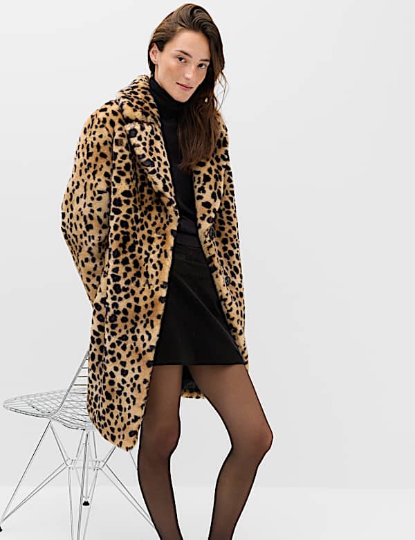 Faux Fur Leopard Print Single Breasted Longline Coat - CA