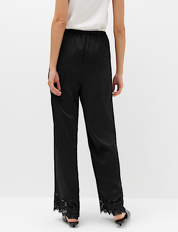 Satin Lace Hem Straight Leg Trousers - US