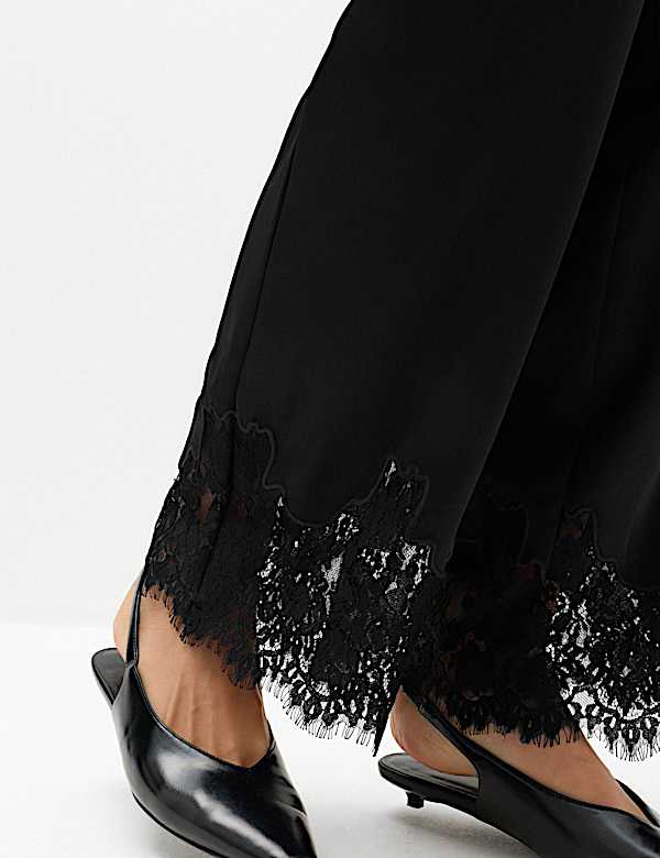 Satin Lace Hem Straight Leg Trousers - US