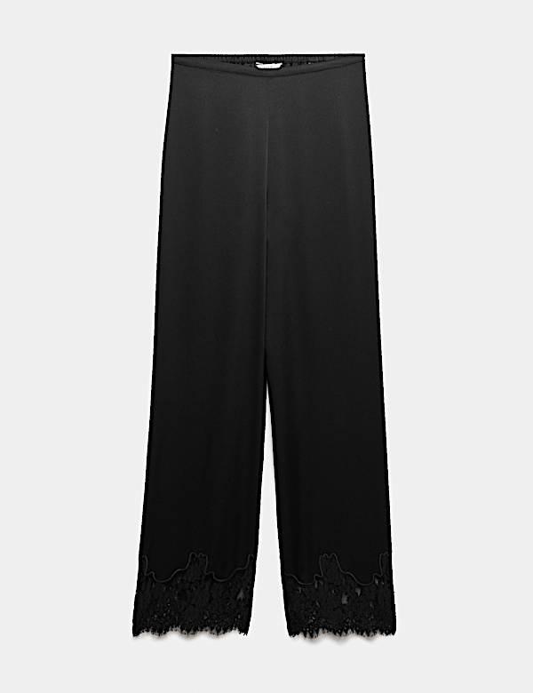 Satin Lace Hem Straight Leg Trousers - US