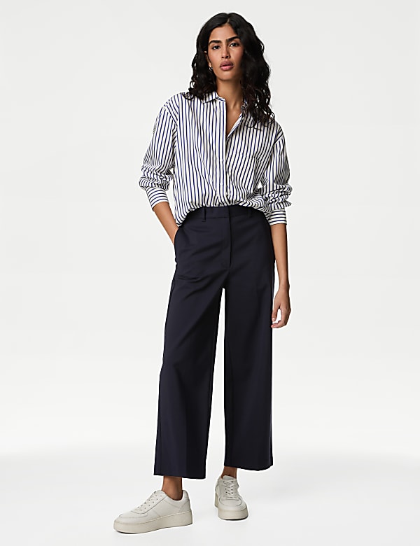 Cotton Blend Wide Leg Cropped Chinos NAVY Trousers M S DE