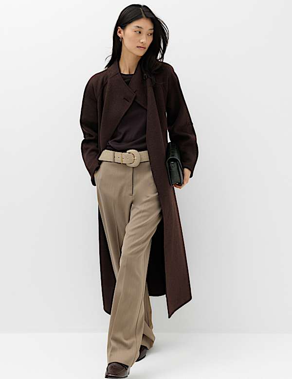 Wool Blend Belted Funnel Neck Longline Wrap Coat - VN
