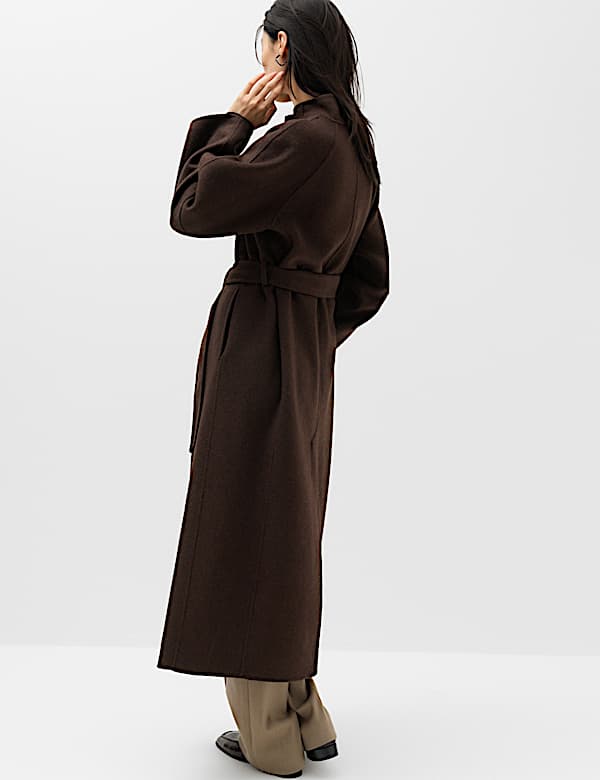 Wool Blend Belted Funnel Neck Longline Wrap Coat - VN