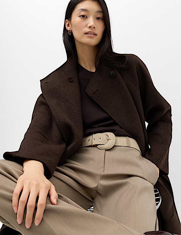 Wool Blend Belted Funnel Neck Longline Wrap Coat - VN
