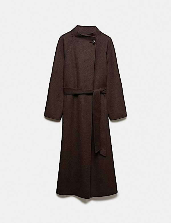 Wool Blend Belted Funnel Neck Longline Wrap Coat - VN