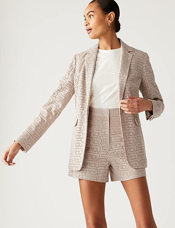 Linen Blend Broderie High Waisted Shorts