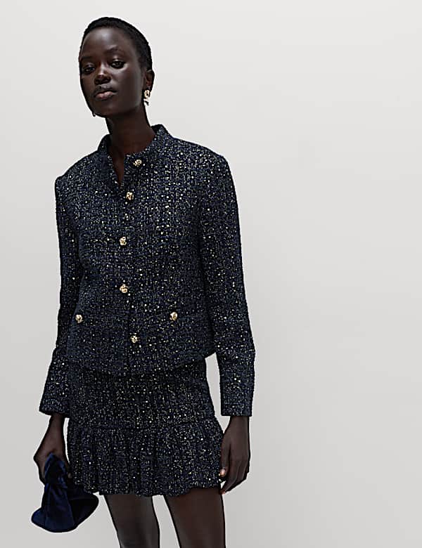 Tweed Sparkly Collarless Blazer with Wool