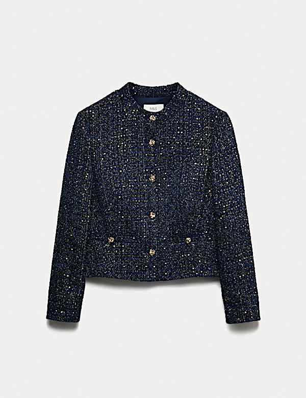 Tweed Sparkly Collarless Blazer with Wool - AT