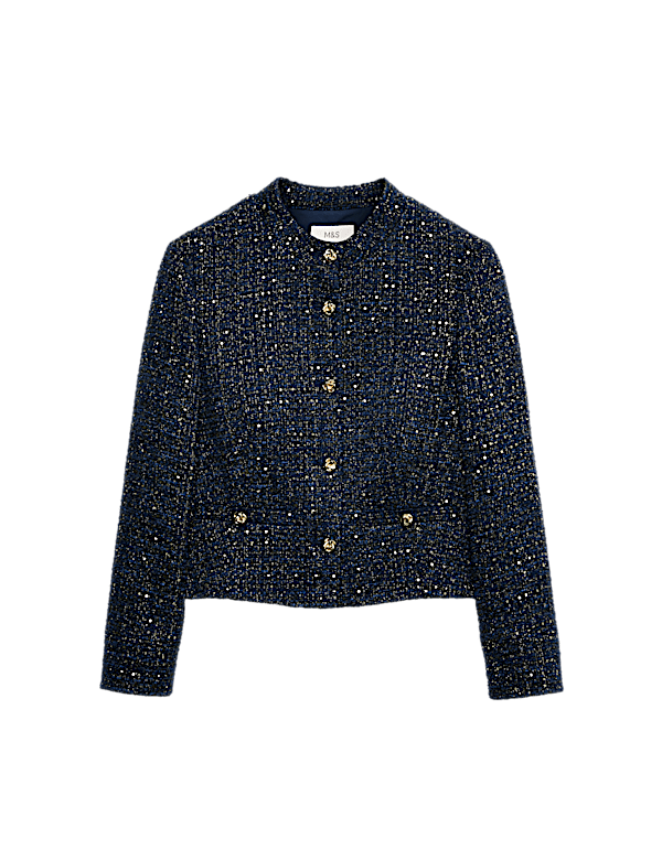 Tweed Sparkly Collarless Blazer with Wool