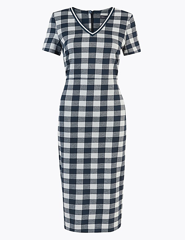 Jersey Gingham V-Neck Midi Tailored Dress
