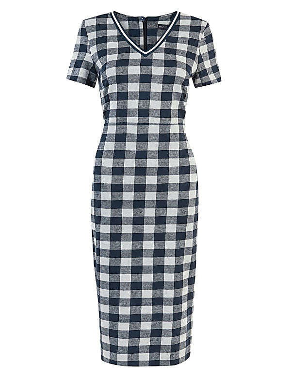 Jersey Gingham V-Neck Midi Tailored Dress