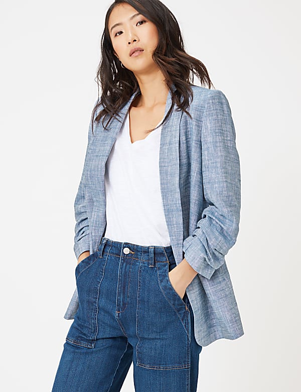 Linen Relaxed Ruched Sleeve Blazer