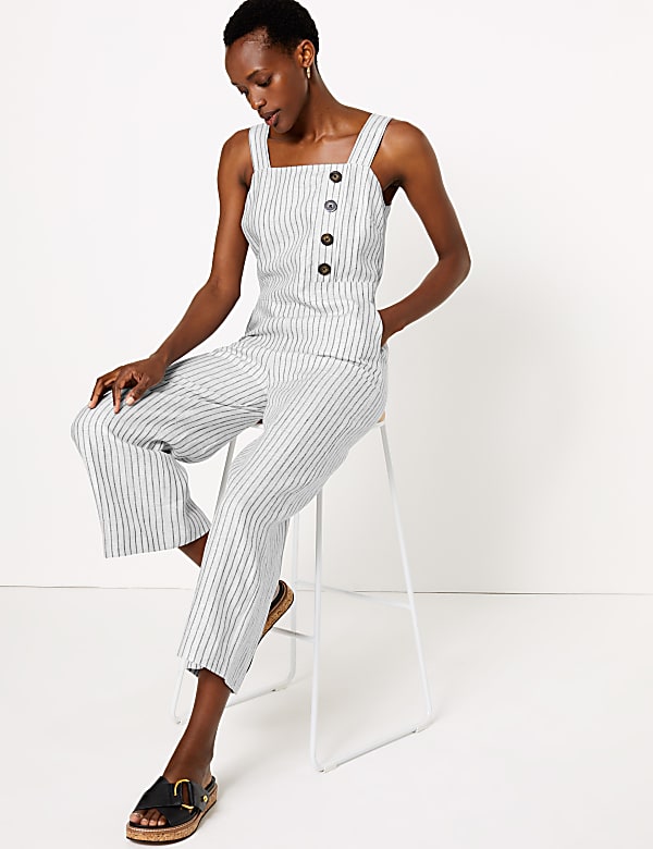 Pure Linen Striped Utility Jumpsuit