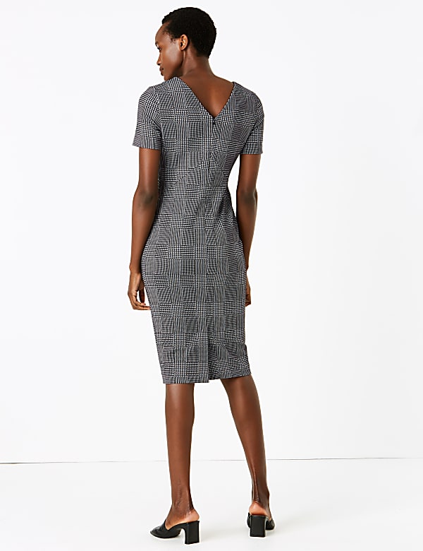 Jersey Checked V-Neck Midi Tailored Dress