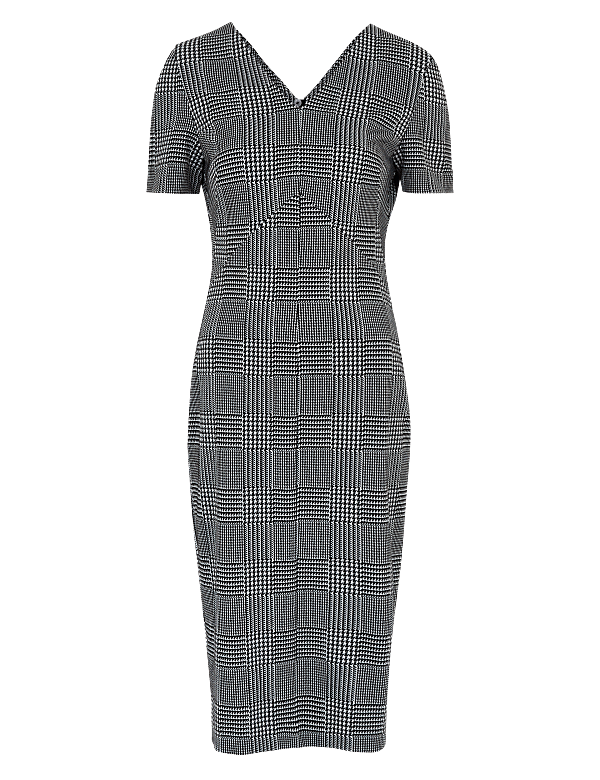 Jersey Checked V-Neck Midi Tailored Dress