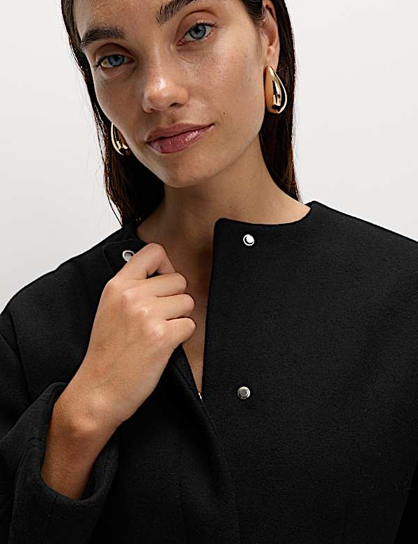 Waisted Collarless Tailored Coat with Wool - EE