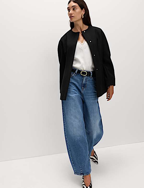 Waisted Collarless Tailored Coat with Wool - EE