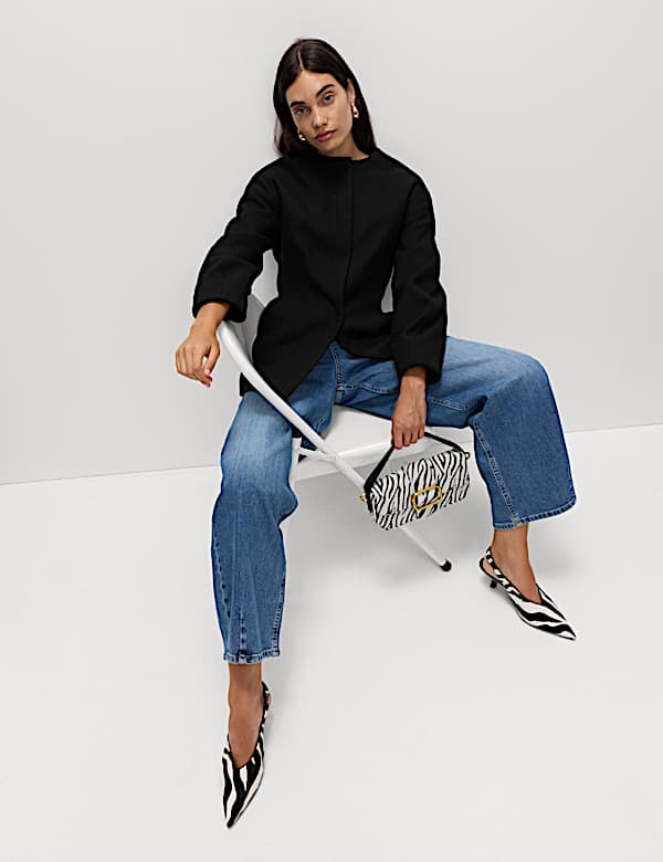 Waisted Collarless Tailored Coat with Wool - EE